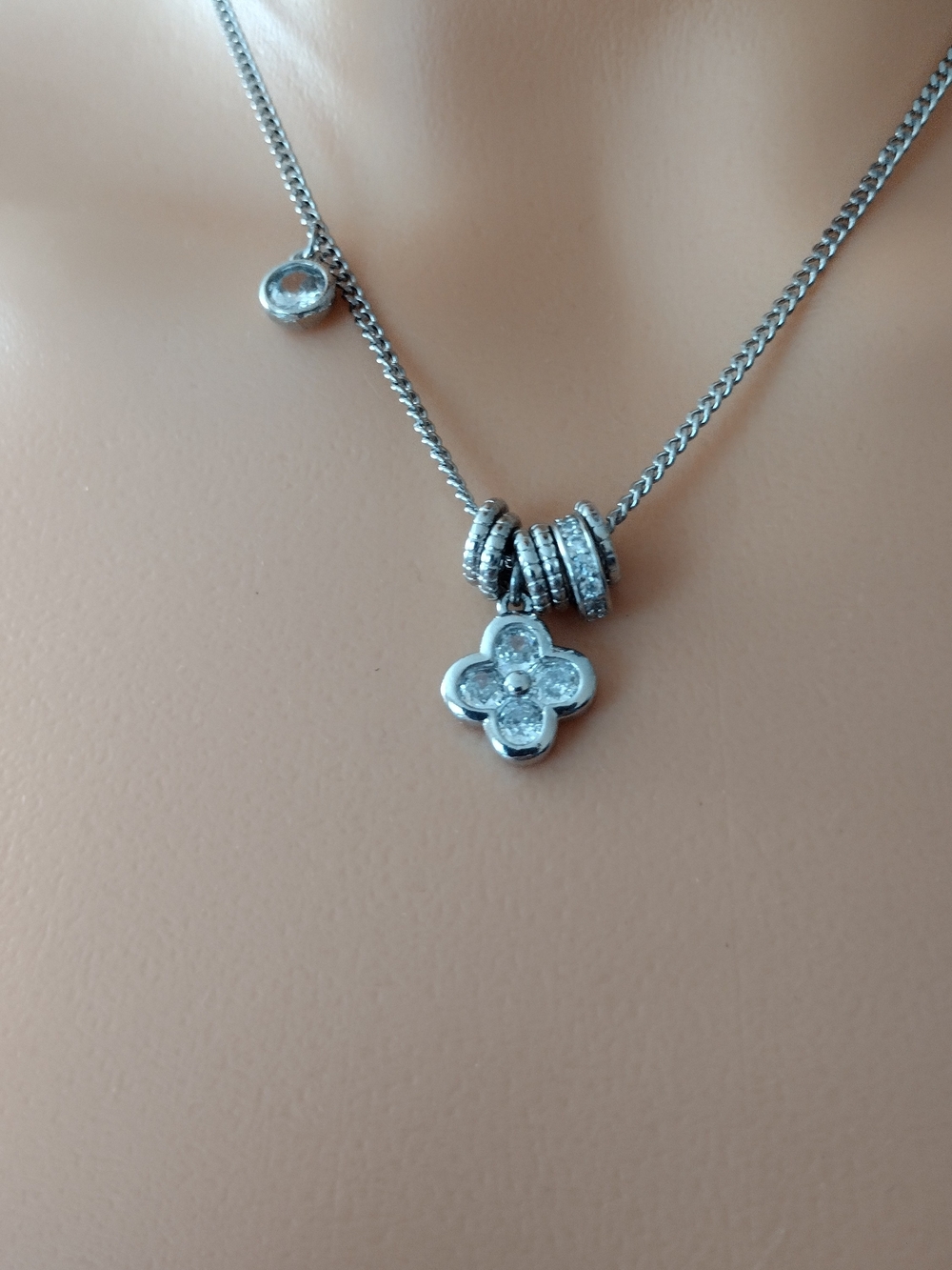 Silver Floral Pendant Necklace with Cubic Zirconia Accents